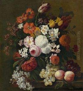 Still Life Of Flowers With Roses, Peonies, Hollyhock, Tulips, Grapes And Peaches by Philips van Kouwenberg
