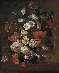 Roses, Poppies, Stras, An Iris And Other Flowers In A Glass Vase, On A Stone Ledge, With Snails And Ants