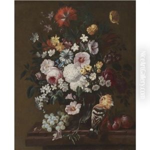 A Still Life With Flowers In A Glass Vase With A Hoopoe, Plums And A Bunch Of Grapes by Philips van Kouwenberg