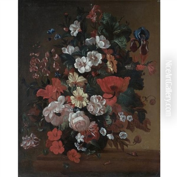 Still Life With Roses, Irises And Other Flowers In A Glass Vase On A Stone Ledge - view 1