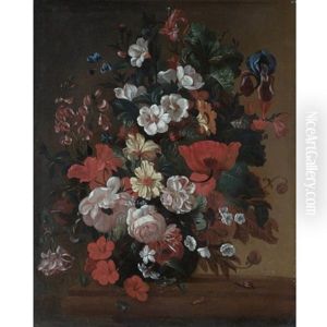 Still Life With Roses, Irises And Other Flowers In A Glass Vase On A Stone Ledge by Philips van Kouwenberg