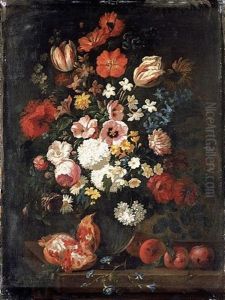 A Still Life Of Flowers In A Vase With A Pomegranate And Plums by Philips van Kouwenberg