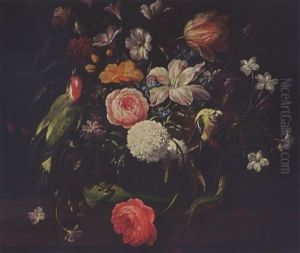 A Still Life With A Rose, And Other Flowers, With A Butterfly, A Woodpecker, A Green Tit And Two Green Lizards by Philips van Kouwenberg
