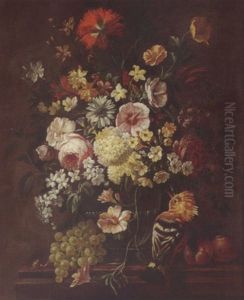 A Still Life Of Roses, Carnations, Daisies, Morning Glory, Camelias And Lilacs In A Glass Vase, Together With A Hoopoe, Grapes, Peaches And A Snail