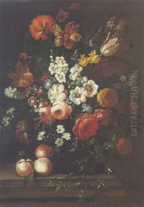 A Still Of Roses, Hollycocks, Daffodils And Other Flowers In A Glass Vase, With Three Peaches, All On A Stone Ledge by Philips van Kouwenberg