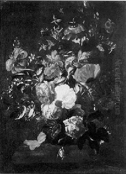 A Still Life Of Poppies, Roses, Convolvulus And Other Flowers In A Vase On A Stone Ledge - view 1