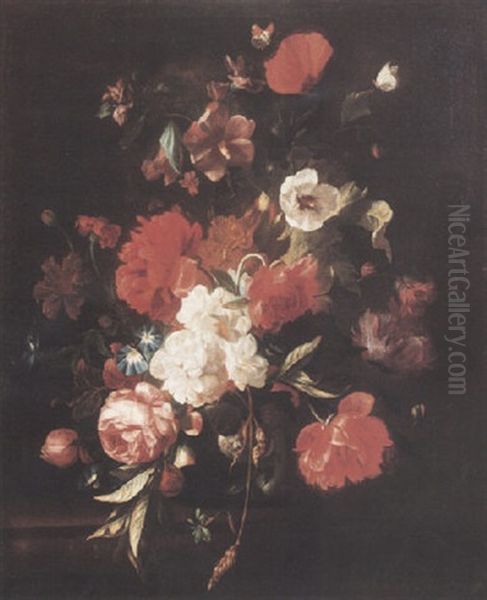 Still Life Of Roses, Peonies, A Poppy And Other Flowers In A Glass Vase - view 1