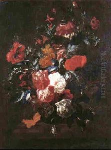 Still Life Of Flowers In A Vase On A Stone Ledge by Philips van Kouwenberg