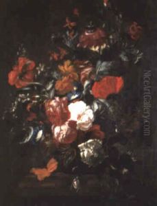 Roses, Poppies And Other Flowers In A Vase On A Ledge by Philips van Kouwenberg