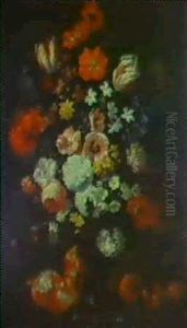 Still Life Of Flowers In A Vase With A Pomegranate And Plums