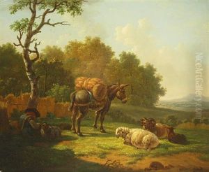 Schlafender Hirte Mit Weidevieh Und Esel In Berglandschaft