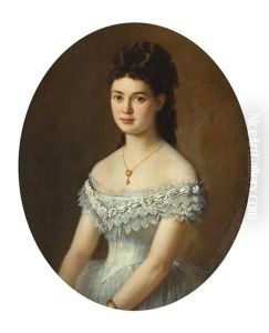 Portrait Einer Dame. Im Dreiviertelportrait Ist Hier Ein Junges Madchen Mit Einem Kostbaren Schulterfreien Kleid Aus Weisem Seidentaft Mit Aufwendigem Portrat Eins Jungen Madchens In Einem Kostbaren Schulterfreien Kleid