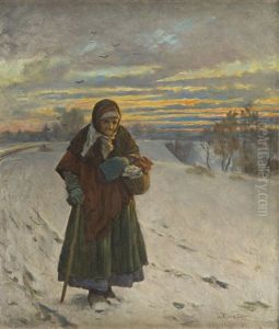 Old Woman In A Winter Landscape by Anton Kozakiewicz