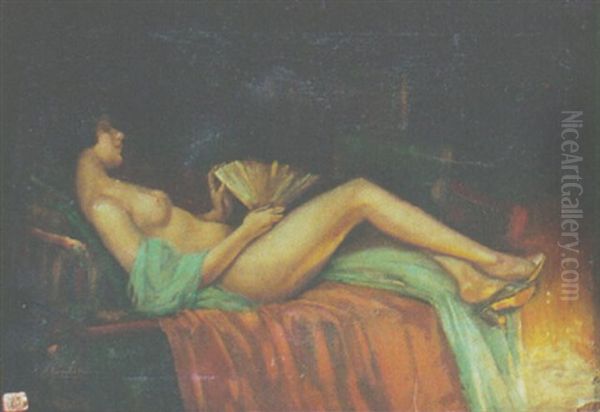Reclining Female Nude With Fan By The Fire - view 1