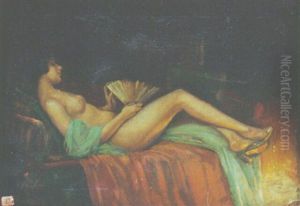 Reclining Female Nude With Fan By The Fire