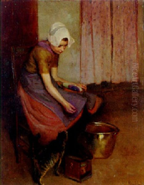 A Young Peasant Girl Playing With A Cat In An Interior - view 1