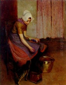 A Young Peasant Girl Playing With A Cat In An Interior by Hendrik Maarten Krabbe