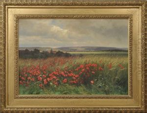 Cadenabbia Am Comer See Gewittrige Stimmung Uber Landschaft Mit Bluhendem Mohnfeld, Im Hintergrund Eine Ortschaft by Iosif Evstafevich Krachkovsky