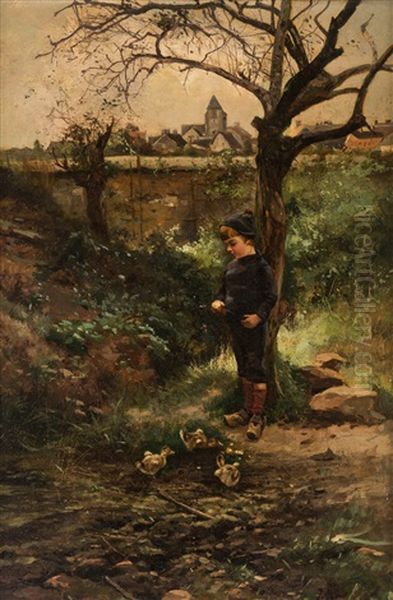 Boy Feeding The Ducklings - view 1