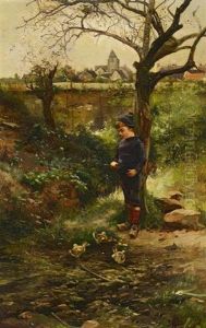 Knabe Beim Entenfuttern Vor Einem Franzosischen Stadtchen by Iosif Evstafevich Krachkovsky