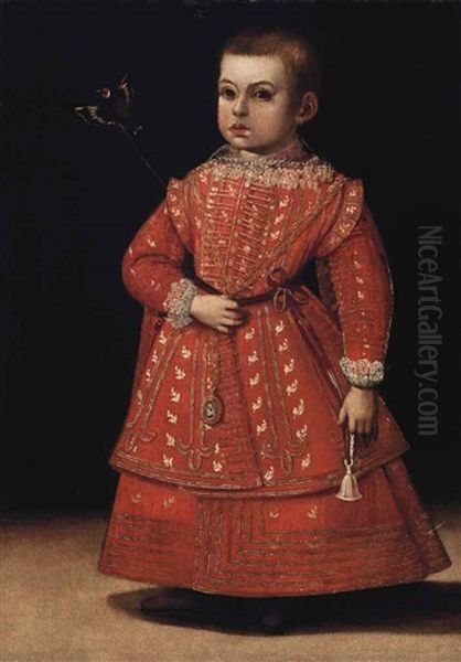 Portrait Of A Boy, Possibly Phillipe Emmanuel De Savoie (1568-1605), Full-length, In A Gold-embroidered Red Costume Holding A Goldfinch By A String - view 1