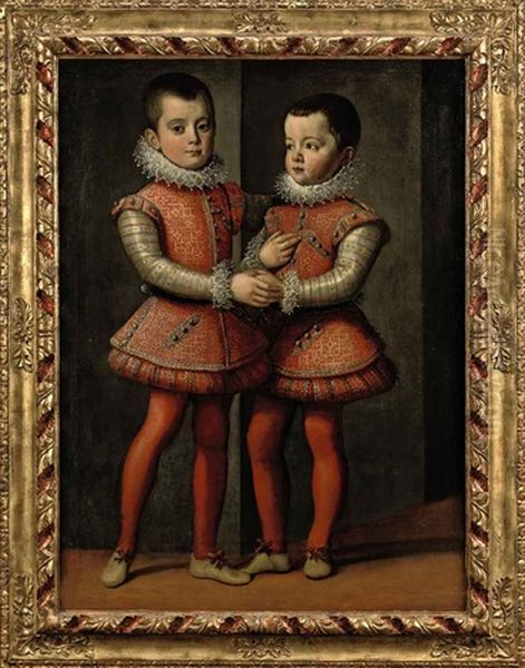 Portrait Of Vittorio Amedeo And Emanuele Filiberto, Dukes Of Savoy, In Red And Silver Costumes With Red Hoses, Lace Collars And Cuffs - view 1