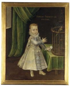 Portrait Of Tommaso Francesco, Prince Of Carignano, As A Child, Full-length, In A Silver Embroidered Coat And A Ruff, A Parrot In A Cage On A Table Beside Him, Before A Green Curtain