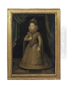 Portrait Of Maria Margherita Di Savoia, Duchess Of Mantua, Aged Six, Full-length, In An Elaborately Embroidered Dress Set With Pearls, Before A Raised Green Curtain