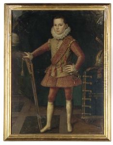 Portrait Of Vittorio Amedeo I, Duke Of Savoy, As A Child, In A Fawn Doublet Embroidered With Gold And Silver And Red Hose, An Arquebus In His Right Hand And His A Helmet On A Table Beside Him by Jan Kraek