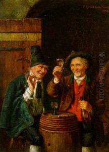 Zwei Genieser In Weinkeller by Peter Kraemer the Younger