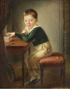 En Lille Dreng I Bla Jakke Bygger Et Korthus by Per Krafft the Younger