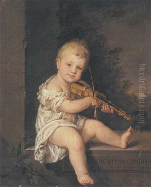 Portrait Of The Artist's Son Playing The Violin, Seated On A Stone Ledge In A Landscape - view 1