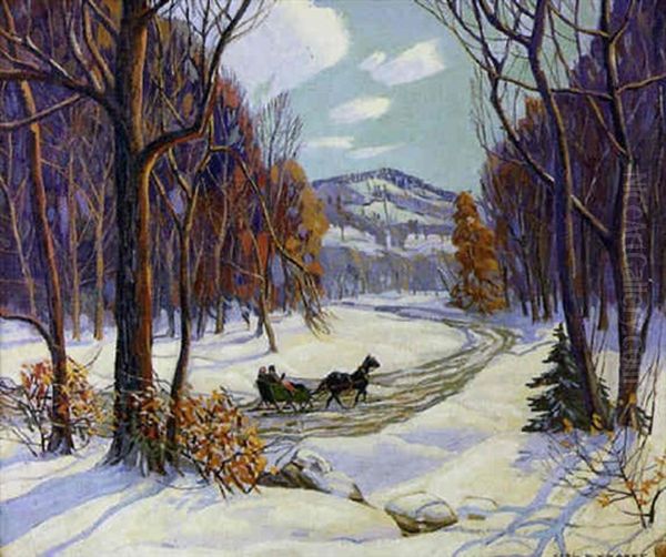 Winter Landscape With Figures Riding In A Horse-drawn Sleigh Flanked By Dense Forest And Mountains - view 1
