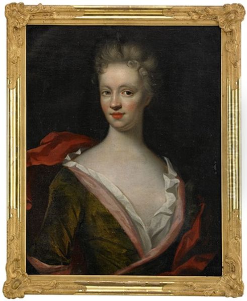 Portratt Av Grevinnan Beata Ribbing, Fodd Sparre Kladd I Gron Och Rosa Klanning Barandes Rod Sjal - Midjebild - view 1