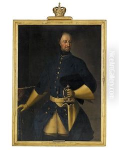 Portratt Av Karl Xii (1682-1718) Ikladd Bla Uniformsrock Med Varja Och Trikorn Stodd Mot Bord Med Regalier - Staende Knastycke Av Lundatypen