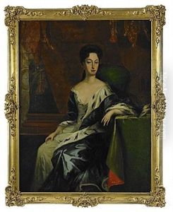 Portratt Av Hertiginnan Hedvig Sofia Av Holstein-gottorp, Fodd Prinsessa Av Sverige Kladd I Silverbroderad Klanning Samt Hermelinbramad Morkbla Mantel I Palatsinterior