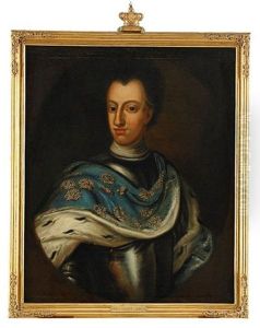 Portratt Av Kung Karl Xii Ikladd Harnesk Och Hermelinbramad Mantel Med Kungliga Kronor, Midjebild Portratt Av Kung Karl Xii Ikladd Harnesk Och Hermelinbramad Mantel Med Kungliga Kronor, Midjebild