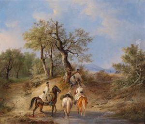 Dragonerpatrouille In Bewaldetem Gelande by Johann-Peter Krafft