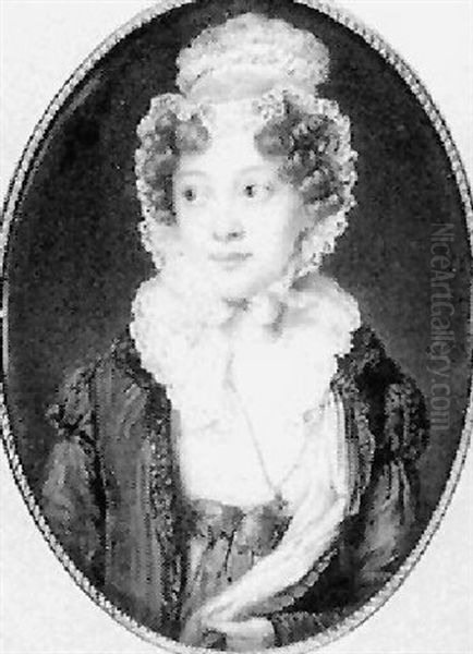 A Young Lady Wearing A Blue Surcoat, White Dress With Green Ribbon Waistband And Lace Ruff Collar And Lace Bonnet - view 1