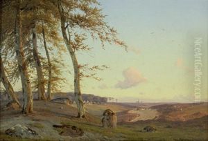 Hugellandschaft Bei Sonnenuntergang In Seeland, Im Hintergrund Der Dom Von Roskilde by Frederik-Carl-Julius Kraft
