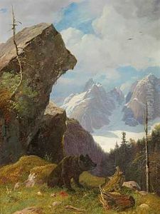 En Bjorn I Alperne, I Baggrunden Sneklaedte Tinder by Frederik-Carl-Julius Kraft