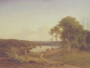 Landskab Med So, I Forgrunden Hulvej Med Personer by Frederik-Carl-Julius Kraft
