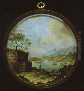 A Charming Scene Of Figures By A Lake, Mountainous Background, The Foreground With Water Fountain by Christiaan Kramm