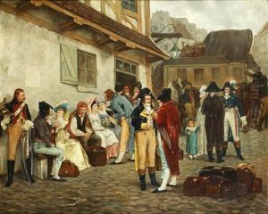 Travellers Outside An Inn by Charles Louis Kratke