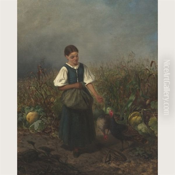 Country Girl Feeding Turkeys In A Cornfield - view 1
