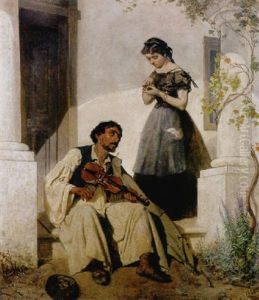 Geigespielender Zigeuner An Den Stufen Eines Hauses by Carl Von Kratzer