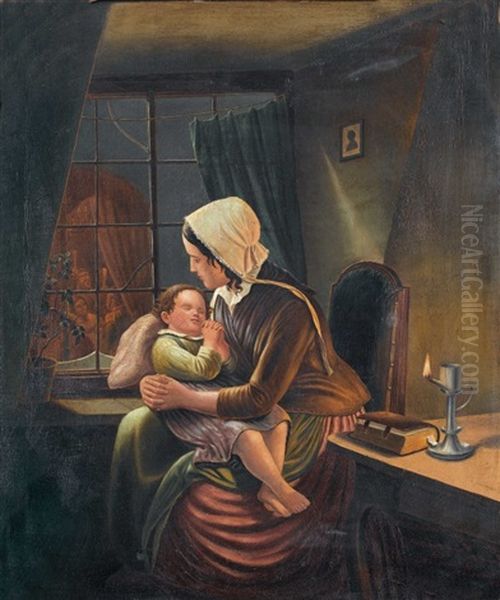 Abendliches Interieur Mit Mutter Und Kind Beim Gebet - view 1