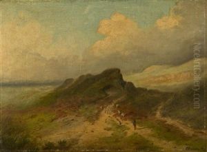 Hirte Mit Schafsherde In Weiter Landschaft by Heinrich Krauel