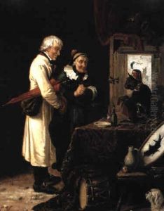 Staunendes Landliches Paar Vor Einem Affen by Friedrich Kraus