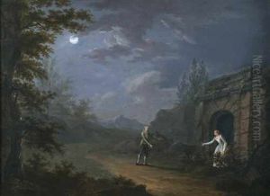 Platonische Liebesszene Vor Einer Ruine Im Mondschein Mit Weitem Blick Auf Ein Bergmassiv Platonische Liebesszene Vor Einer Ruine Im Mondschein Mit Weitem Blick Auf Ein Bergmassiv